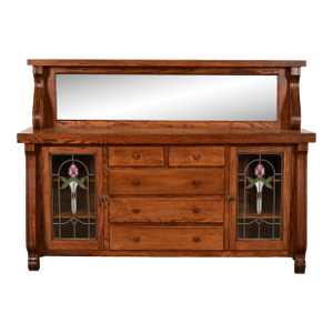 Antique Arts & Crafts Carved Oak Sideboard or Bar Cabinet With Stained Glass Doors, Newly Refinished