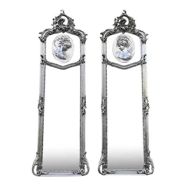 Mid-20th Century Italian Baroque Silver Beech Rococo Floor Mirrors-Pair For Sale