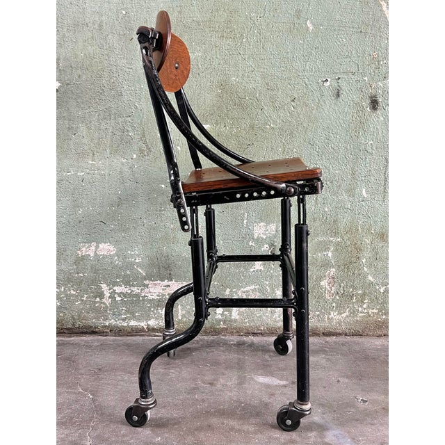 Wood Rare Antique Early DoMore Industrial Rolling Metal Plywood Work Chair Stool For Sale - Image 7 of 12