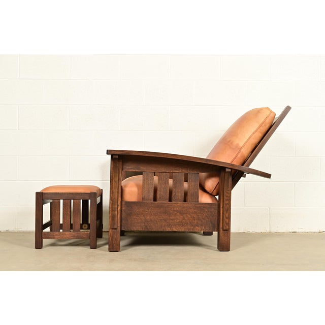 Stickley Mission Oak Arts & Crafts Bow Arm Reclining Morris Lounge Chair With Ottoman For Sale - Image 9 of 14