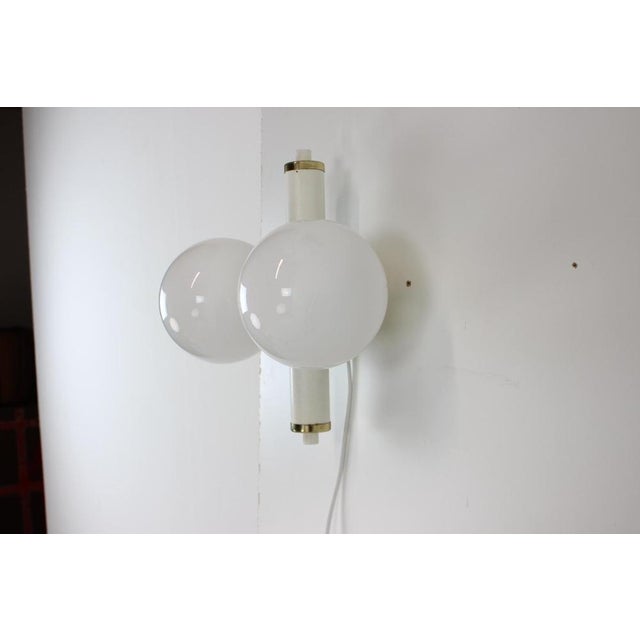 Made in Czechoslovakia. Made of milk glass, lacquered metal 2x60W,E27 or E26 socket. Re-polished. Fully functional....