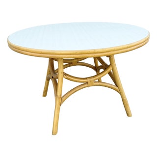 Boho Chic Rattan Laminate Top Circular Dining/Card Table For Sale