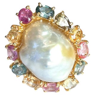 Bochic “Orient” Multi Color Fancy Sapphires & Pearl Ring Set 18K Gold & Silver, Size 9.5 For Sale