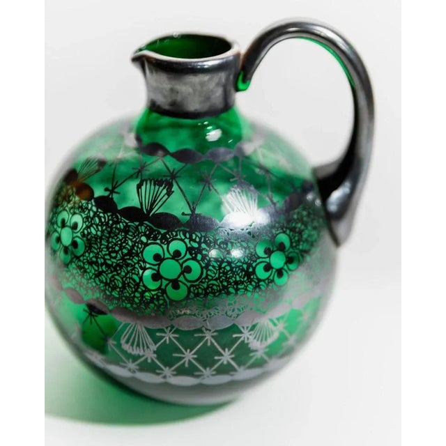 Vintage Green Murano Glass Liqueur Decanter and Glasses with Hand-Painted Silver Decor, Italy, 1930s, Set of For Sale - Image 5 of 11