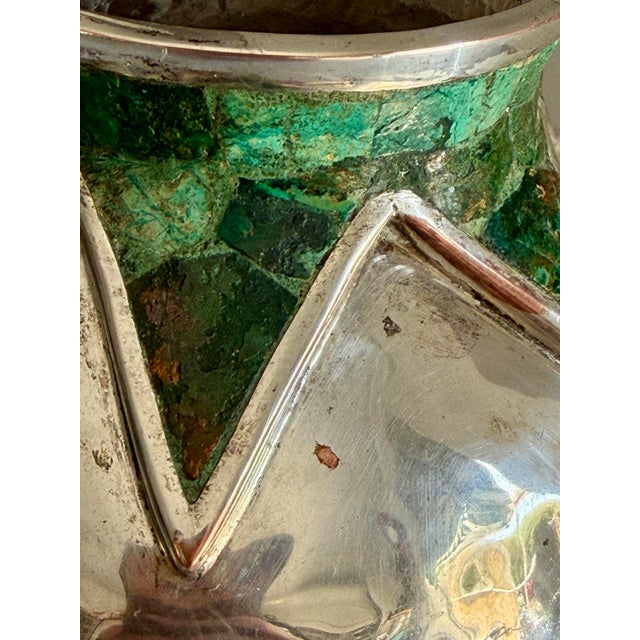 Vintage Emilia Castillo Taxco Brutalist Silver Plate and Malchite Vase For Sale - Image 11 of 11