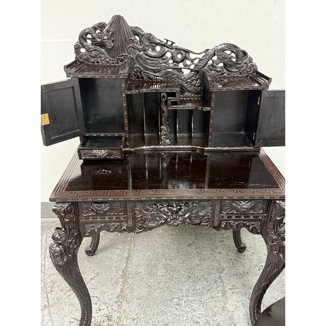 Vintage Japanese Hand Carved Dragon Carved Writing Desk + Chair, Set of Two For Sale - Image 11 of 12