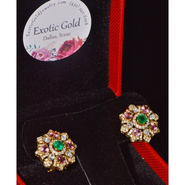 Late 20th Century Natural 4.89cts Diamond, Emerald & Pink Tourmaline 18k Gold Floral Earrings, Pair For Sale - Image 12 of 12