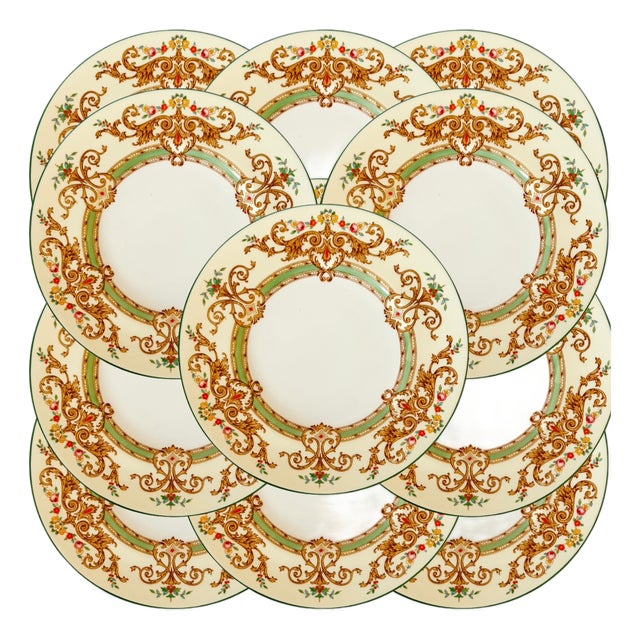 Antique English Cauldon Bone China Salad Plates With Raised Enamel & Gold Scrollwork - Set of 12 For Sale