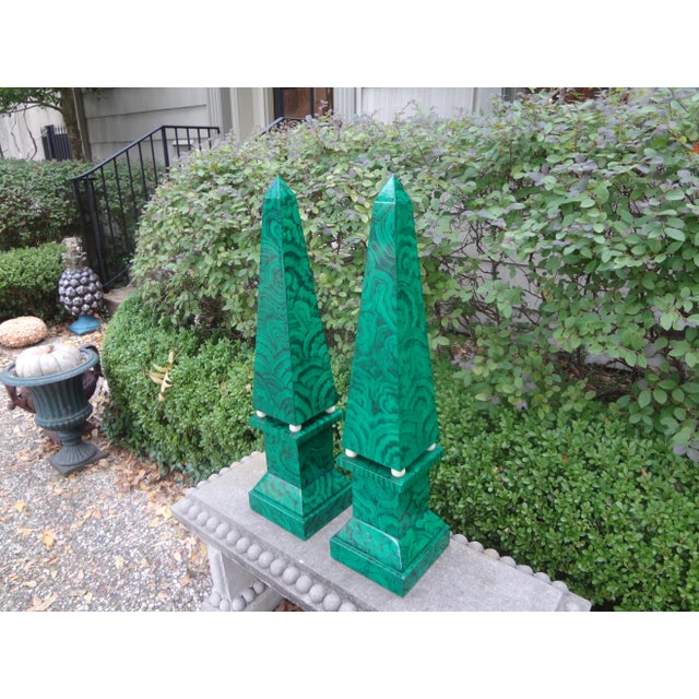 Pair of Large Carved Wood Faux Malachite Obelisks For Sale - Image 10 of 12