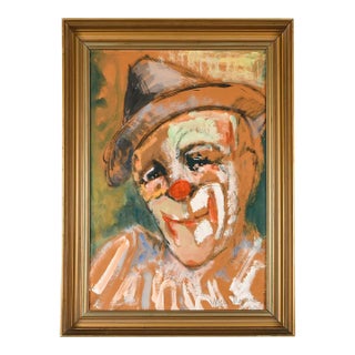 Mid-Century Expressionist Clown Portrait Pastel Painting on Paper, Signed and Framed For Sale