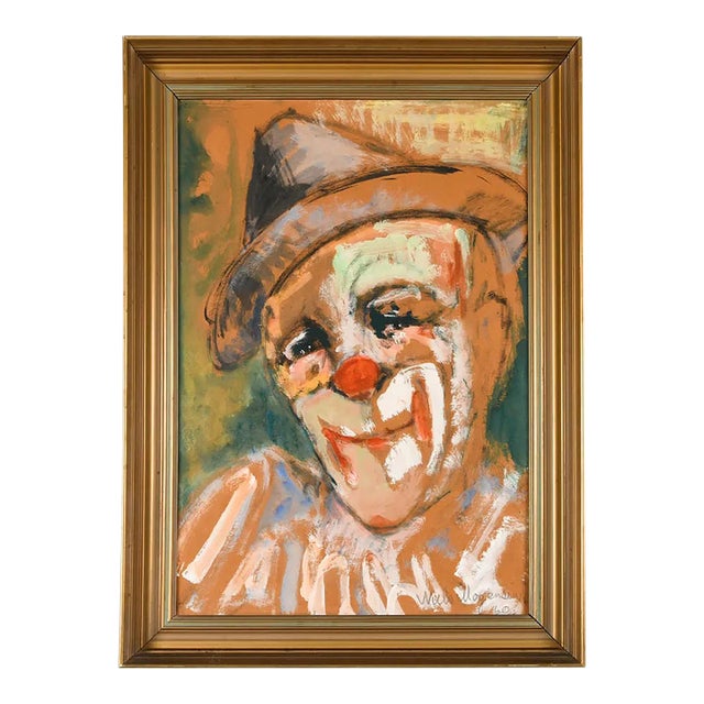 Mid-Century Expressionist Clown Portrait Pastel Painting on Paper, Signed and Framed For Sale