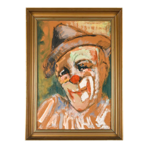 Mid-Century Expressionist Clown Portrait Pastel Painting on Paper, Signed and Framed