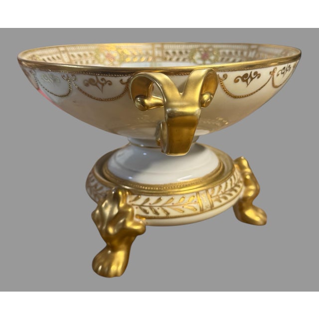 Antique Nippon Hand Painted Porcelain Compote Roses Landscape Gilt Footed Stand For Sale - Image 4 of 12