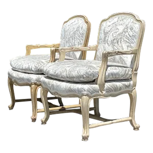 Vintage Regency Printed Swirl Bergere Chairs - a Pair