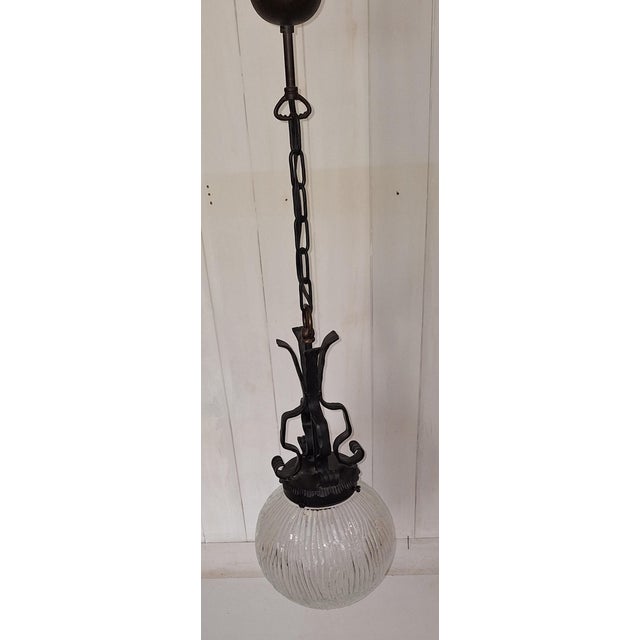 Rustic German Ceiling Lamp with Black Wrought Iron Frame and Clear Relief Glass Shade, 1970s For Sale - Image 4 of 7