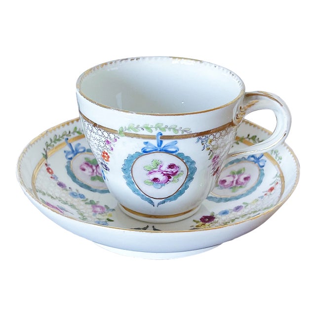 Antique Meissen Porcelain Teacup and Saucer Set Depicting Roses in Gold Lattice With Twisted Handle For Sale