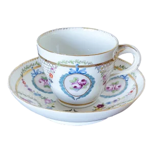 Antique Meissen Porcelain Teacup and Saucer Set Depicting Roses in Gold Lattice With Twisted Handle