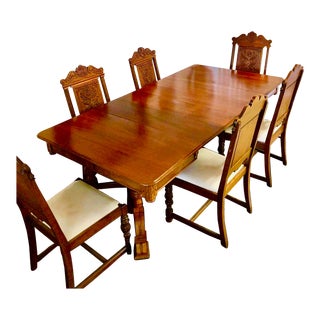 Antique Late 19th Century Charles Eastman Victorian Maple Burled Dining Table With 6 Wood and Leather Chairs - Set of 7 For Sale