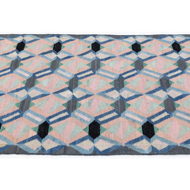 Sky Blue Modern Handmade Pastel Kilim Wool Runner – Flatweave Geometric by Apadana For Sale - Image 8 of 10