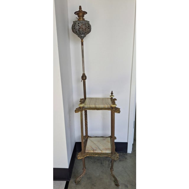 Traditional Late 19th Century Renaissance Revival Style Cast Brass and Onyx Top Table With Adjustable Oil Lamp For Sale - Image 3 of 16