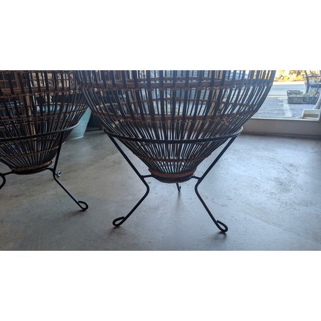 1960s Mid-Century Franco Albini Style Rattan, Iron & Glass Fish Trap Side Tables - A Pair For Sale - Image 9 of 14
