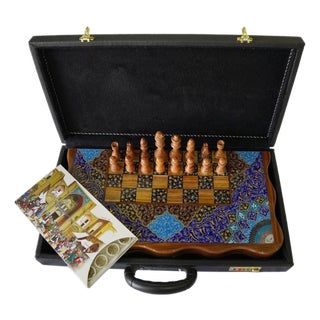 Hand-Painted Tazhib Chess & Backgammon Set, Indigo and Turquoise, One-of-One For Sale