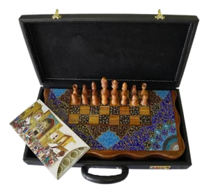 Hand-Painted Tazhib Chess & Backgammon Set, Indigo and Turquoise, One-of-One
