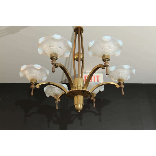 Metal Vintage Petitot Brass Chandelier With Waterfall Opaline Shades For Sale - Image 7 of 9