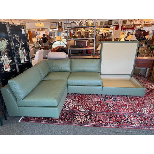 Fitzgerald Modular Teal Leather Sofa With Storage Ottoman, Set For Sale - Image 15 of 17