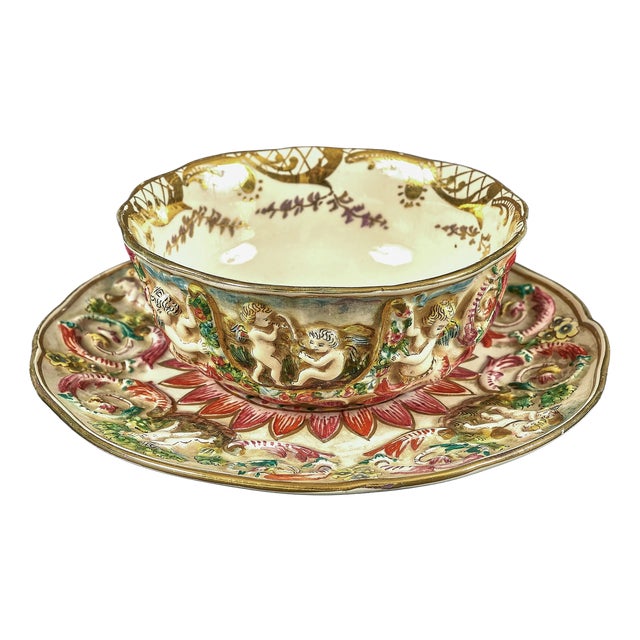 Porcelain Cup and Saucer from Capodimonte, 19th Century, Set of 2 For Sale
