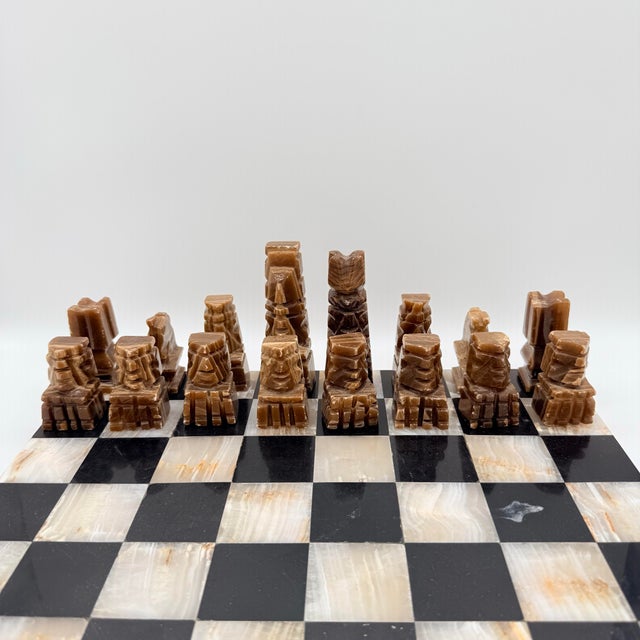 Vintage Hand Carved Marble & Onyx Chess Set With Sculptural Aztec Inspired Pieces For Sale In Richmond - Image 6 of 9