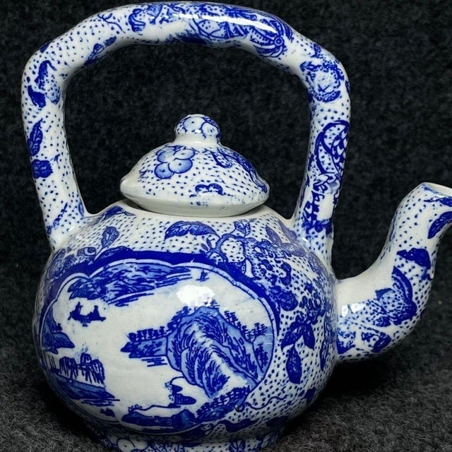 Vintage Chinese Blue and White Porcelain Teapot With Overhead Handle and Mountain Landscape For Sale In Los Angeles - Image 6 of 9