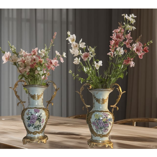Vintage Ormolu Rococo Ceramic Urns With Floral Motif- A Pair For Sale - Image 10 of 15