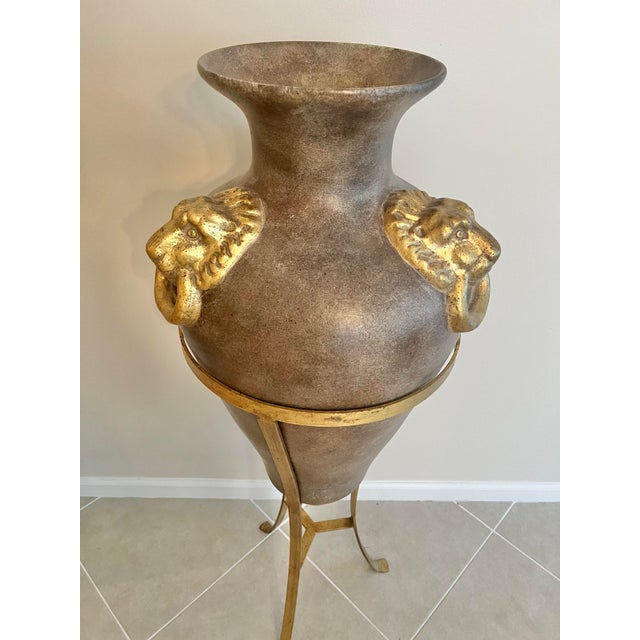 Vintage Floor Amphora Urn Vase 52” With Lionhead Ring Handles &Tripod Stand For Sale In West Palm - Image 6 of 8
