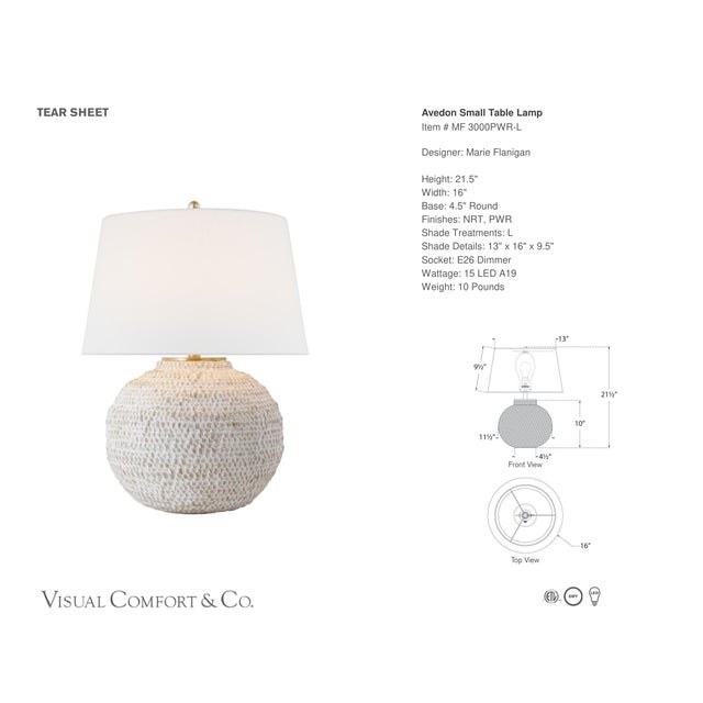 Marie Flanigan by Visual Comfort Signature Avedon Small Table Lamp in Plaster White Rattan with Linen Shade Designer:...