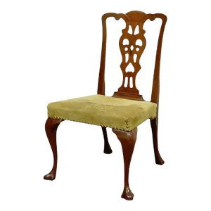 Antique Chippendale Queen Anne Style Mahogany Dining Side Chair With Suede Seat
