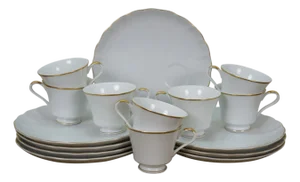 Mid 20th Century 16 Pc Georges Briard Coquille d'Or Gold Demitasse Snack Plate Cup Set