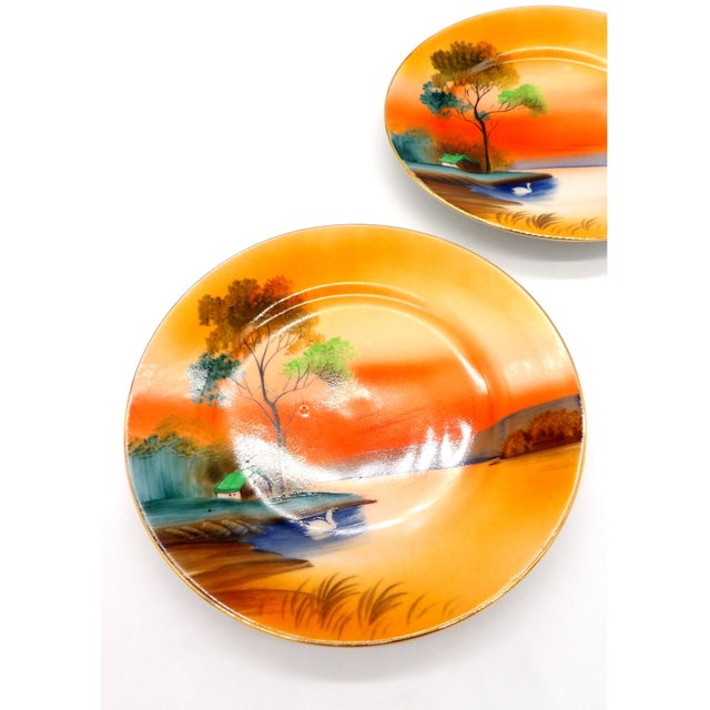 Noritake Vintage Noritake Porcelain Plates — Hand-Painted Sunset Lake Scene With Swan, Gold Rim, M in Wreath Mark, c.1920s-1940s - a Pair For Sale - Image 4 of 9