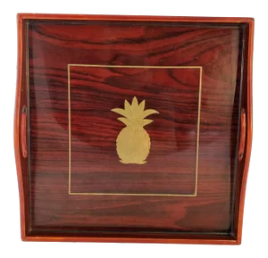 Mid Century Cherry Wood Tray With Brass Pineapple Inlay