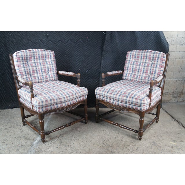 Late 20th Century 2 French Country Walnut Plaid Fauteuil Nailhead Ladderback Club Lounge Armchairs For Sale - Image 4 of 12