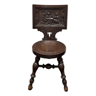 Antique German Black Forest Carved Tiger Oak Drunken Monk Tavern Side Chair For Sale