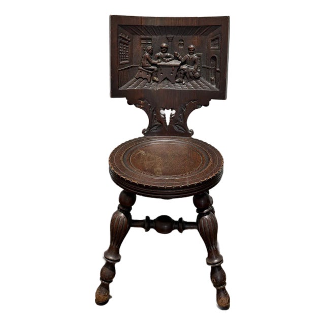 Antique German Black Forest Carved Tiger Oak Drunken Monk Tavern Side Chair For Sale