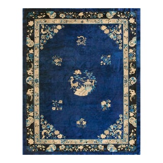 1920s Blue Scene Animals Deco Antique Peking Chinese Knotted Wool 9'x 11' 4" Rug For Sale