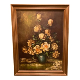 Kant Vintage Mid-Century Modern Oil Painting Yellow Flowers Green Vase Framed Signed 27”l X 21”w For Sale