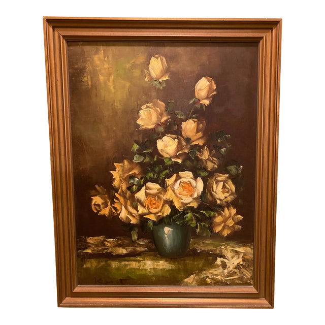 Kant Vintage Mid-Century Modern Oil Painting Yellow Flowers Green Vase Framed Signed 27”l X 21”w For Sale
