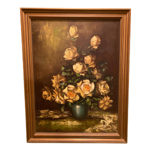 Kant Vintage Mid-Century Modern Oil Painting Yellow Flowers Green Vase Framed Signed 27”l X 21”w