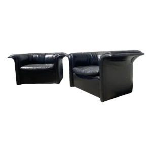 1980s Postmodern Black Leather Club Chairs by Roger Sprunger for Dunbar - a Pair
