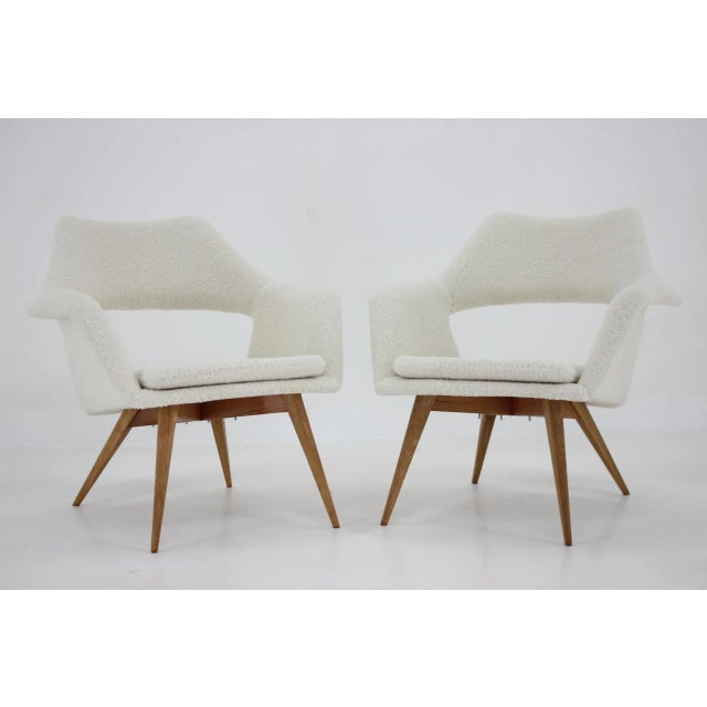 Newly upholstered with quality synthetic fabric imitating sheepskin. Beech legs have been refurbished. Height of seat 40...