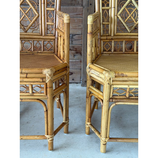 Pair Vintage Brighton Pavilion Style High-Back Fretwork Bamboo Rattan Armchairs For Sale - Image 9 of 12