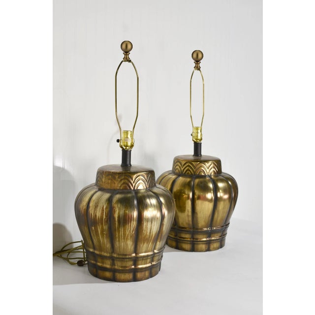 Mid Century Gold Ceramic Large Vase Lamps - a Pair For Sale - Image 4 of 11
